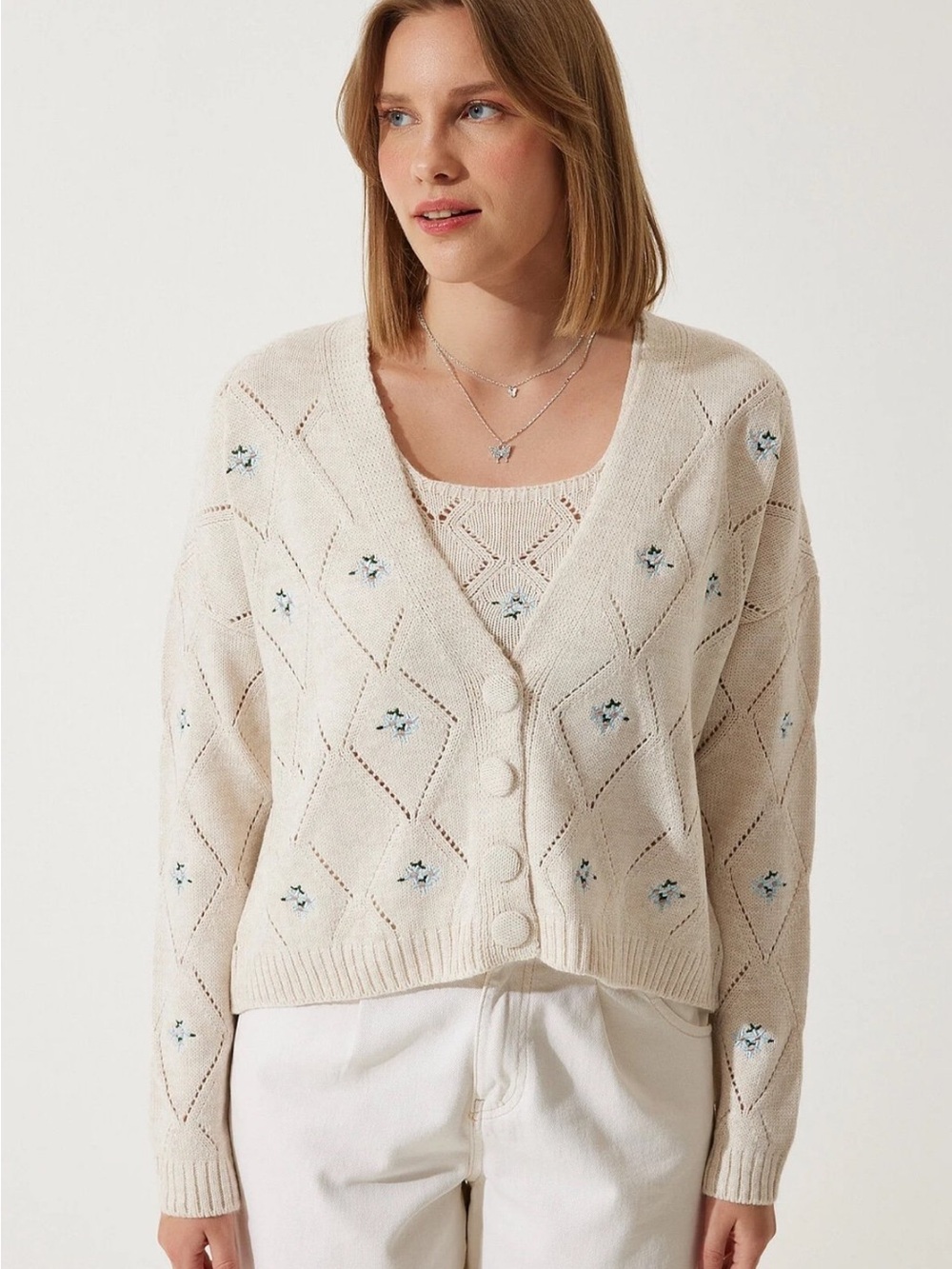 Happiness İstanbul Women's Cream Floral Embroidered Cardigan